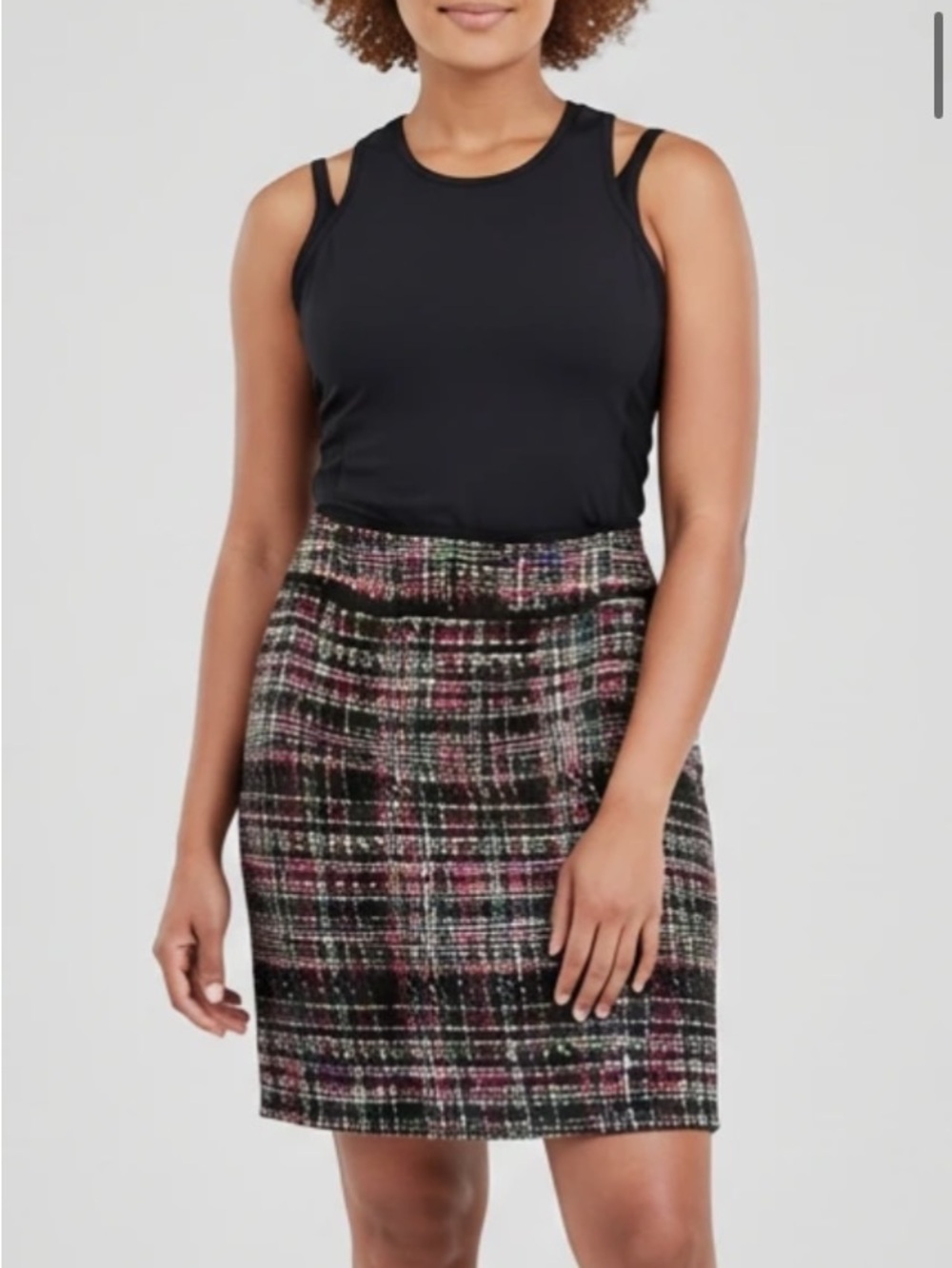 Plaid Tweed Pencil Skirt in Black and Pink